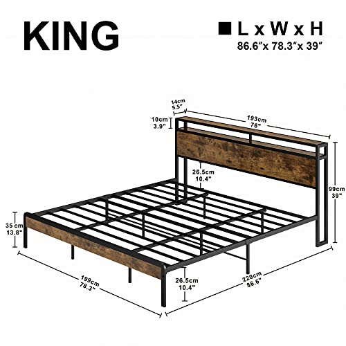 LIKIMIO King Size Bed Frame, Platform Bed with 2-Tier Storage Headboard