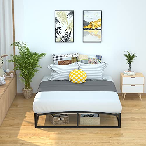 Amazon Basics Metal Platform Bed Frame with Wood Slat Support, 10 Inches High, Queen, Black