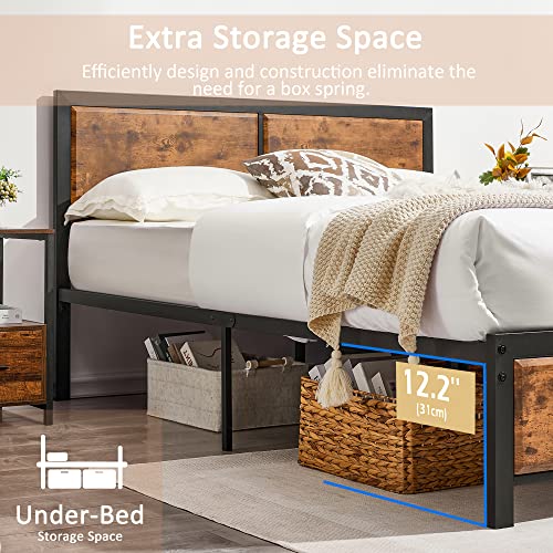 VECELO Full Platform Bed Frame/Mattress Foundation with Rustic Vintage Wood Headboard