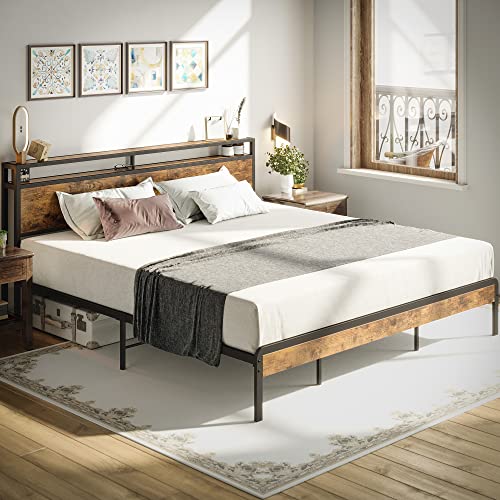 LIKIMIO King Size Bed Frame, Platform Bed with 2-Tier Storage Headboard