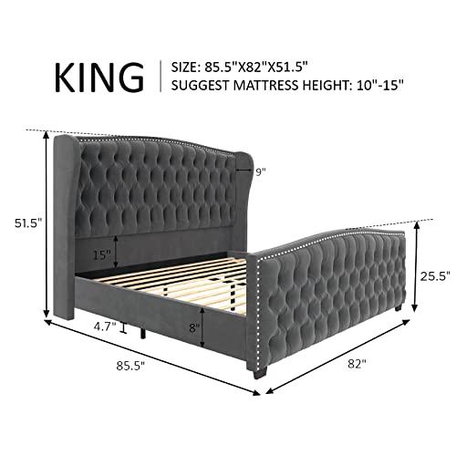 AMERLIFE King Size Platform Bed Frame/Grey (BF-02D1)