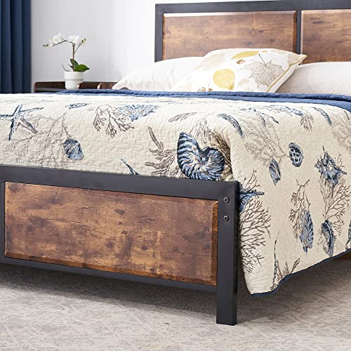 VECELO Full Platform Bed Frame/Mattress Foundation with Rustic Vintage Wood Headboard