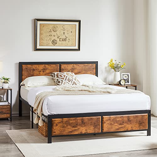 VECELO Full Platform Bed Frame/Mattress Foundation with Rustic Vintage Wood Headboard
