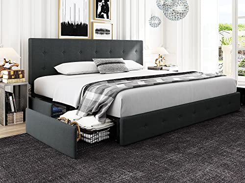 HOOMIC King Size Platform Bed Frame with 4 Storage Drawers, Adjustable Headboard with Square Stitched Button Tufted Design, Wooden Slats, No Box Spring Needed, Noise Free, Easy Assembly, Dark Grey