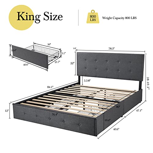 HOOMIC King Size Platform Bed Frame with 4 Storage Drawers, Adjustable Headboard with Square Stitched Button Tufted Design, Wooden Slats, No Box Spring Needed, Noise Free, Easy Assembly, Dark Grey