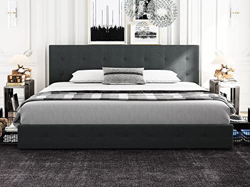 HOOMIC King Size Platform Bed Frame with 4 Storage Drawers, Adjustable Headboard with Square Stitched Button Tufted Design, Wooden Slats, No Box Spring Needed, Noise Free, Easy Assembly, Dark Grey