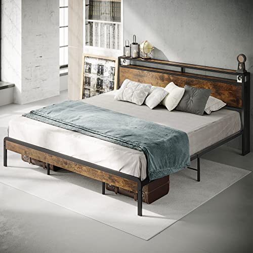 LIKIMIO King Size Bed Frame, Platform Bed with 2-Tier Storage Headboard