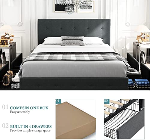 HOOMIC King Size Platform Bed Frame with 4 Storage Drawers, Adjustable Headboard with Square Stitched Button Tufted Design, Wooden Slats, No Box Spring Needed, Noise Free, Easy Assembly, Dark Grey