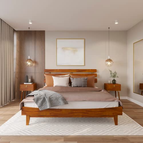 Bme Caden 15 Inch Deluxe Bed Frame with Adjustable Headboard - Mid Century, Retro Style with Acacia Wood - No Box Spring Needed - 12 Strong Wood Slat Support - Easy Assembly - Caramel, King