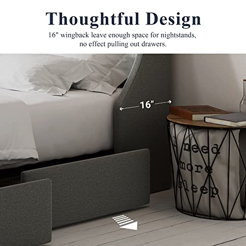 Allewie King Size Bed Frame with 4 Storage Drawers and Wingback Headboard - Light Grey