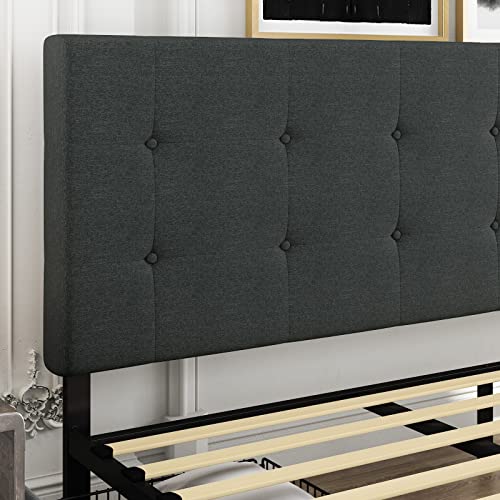 HOOMIC King Size Platform Bed Frame with 4 Storage Drawers, Adjustable Headboard with Square Stitched Button Tufted Design, Wooden Slats, No Box Spring Needed, Noise Free, Easy Assembly, Dark Grey