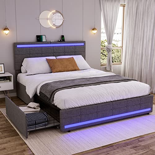 ADORNEVE Queen LED Bed Frame with 4 Drawers and 2 USB Charging Station, Queen Size Bed Frame with LED Lights Headboard Footboard, Upholstered Platform Bed with Storage, No Box Spring Needed, Dark Grey