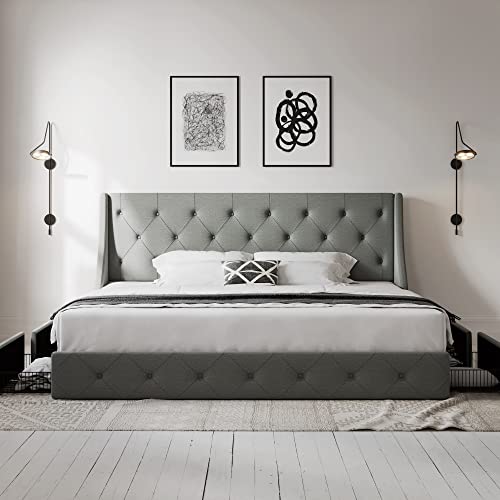 Allewie King Size Bed Frame with 4 Storage Drawers and Wingback Headboard - Light Grey