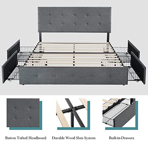 HOOMIC King Size Platform Bed Frame with 4 Storage Drawers, Adjustable Headboard with Square Stitched Button Tufted Design, Wooden Slats, No Box Spring Needed, Noise Free, Easy Assembly, Dark Grey