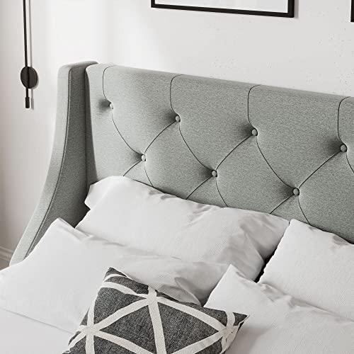 Allewie King Size Bed Frame with 4 Storage Drawers and Wingback Headboard - Light Grey