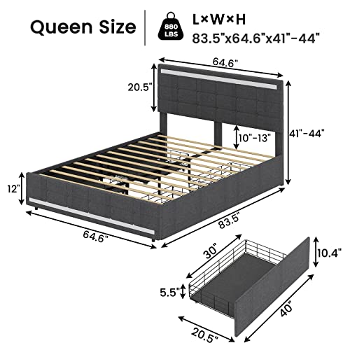 ADORNEVE Queen LED Bed Frame with 4 Drawers and 2 USB Charging Station, Queen Size Bed Frame with LED Lights Headboard Footboard, Upholstered Platform Bed with Storage, No Box Spring Needed, Dark Grey