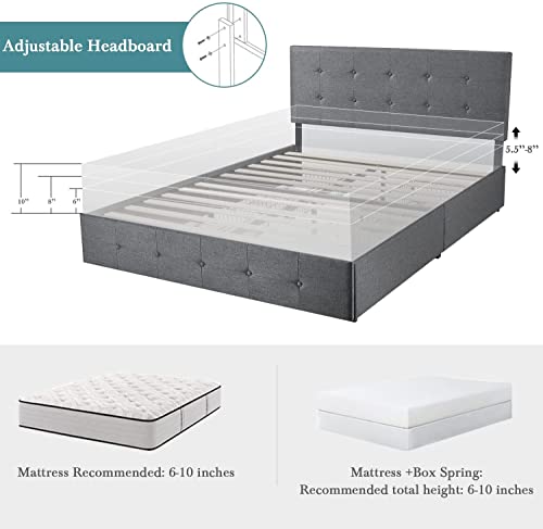HOOMIC King Size Platform Bed Frame with 4 Storage Drawers, Adjustable Headboard with Square Stitched Button Tufted Design, Wooden Slats, No Box Spring Needed, Noise Free, Easy Assembly, Dark Grey