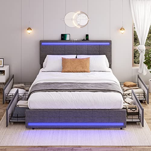 ADORNEVE Queen LED Bed Frame with 4 Drawers and 2 USB Charging Station, Queen Size Bed Frame with LED Lights Headboard Footboard, Upholstered Platform Bed with Storage, No Box Spring Needed, Dark Grey