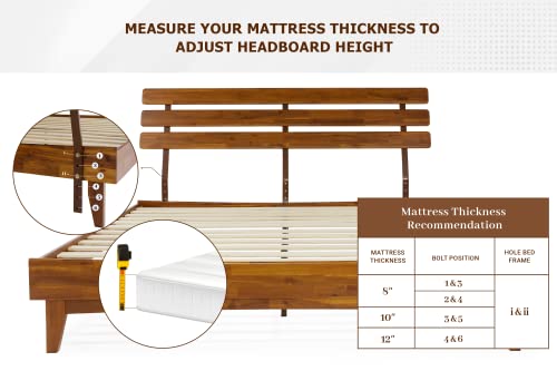 Bme Caden 15 Inch Deluxe Bed Frame with Adjustable Headboard - Mid Century, Retro Style with Acacia Wood - No Box Spring Needed - 12 Strong Wood Slat Support - Easy Assembly - Caramel, King