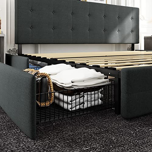 HOOMIC King Size Platform Bed Frame with 4 Storage Drawers, Adjustable Headboard with Square Stitched Button Tufted Design, Wooden Slats, No Box Spring Needed, Noise Free, Easy Assembly, Dark Grey