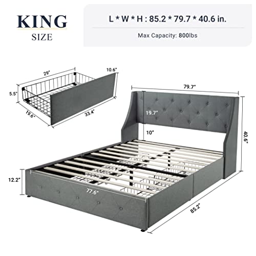 Allewie King Size Bed Frame with 4 Storage Drawers and Wingback Headboard - Light Grey