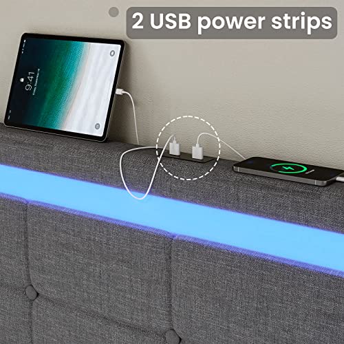 ADORNEVE Queen LED Bed Frame with 4 Drawers and 2 USB Charging Station, Queen Size Bed Frame with LED Lights Headboard Footboard, Upholstered Platform Bed with Storage, No Box Spring Needed, Dark Grey