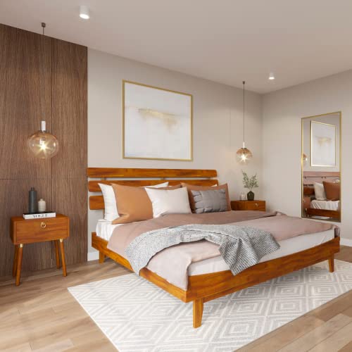Bme Caden 15 Inch Deluxe Bed Frame with Adjustable Headboard - Mid Century, Retro Style with Acacia Wood - No Box Spring Needed - 12 Strong Wood Slat Support - Easy Assembly - Caramel, King