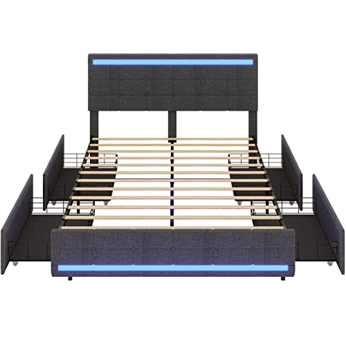 ADORNEVE Queen LED Bed Frame with 4 Drawers and 2 USB Charging Station, Queen Size Bed Frame with LED Lights Headboard Footboard, Upholstered Platform Bed with Storage, No Box Spring Needed, Dark Grey