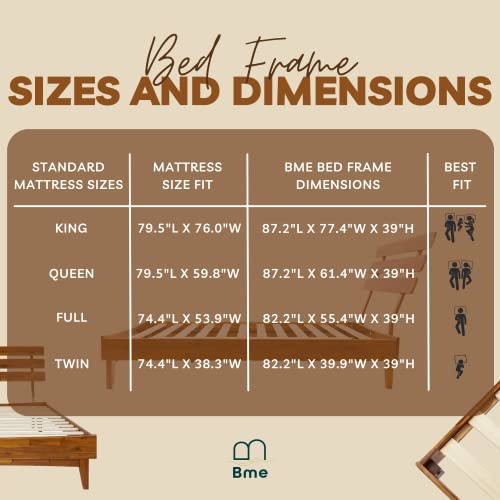 Bme Caden 15 Inch Deluxe Bed Frame with Adjustable Headboard - Mid Century, Retro Style with Acacia Wood - No Box Spring Needed - 12 Strong Wood Slat Support - Easy Assembly - Caramel, King