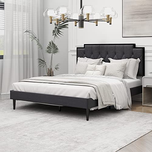 AGARTT Upholstered Platform Queen Size Bed Frame with Headboard Premium Stable Steel Slat Support No Box Spring Required Graphite