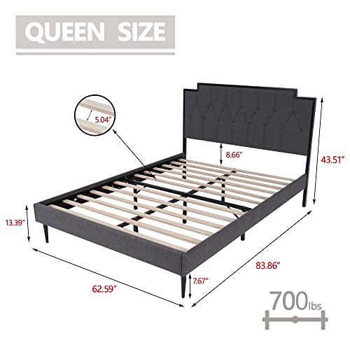 AGARTT Upholstered Platform Queen Size Bed Frame with Headboard Premium Stable Steel Slat Support No Box Spring Required Graphite
