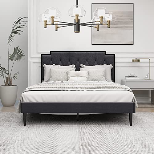 AGARTT Upholstered Platform Queen Size Bed Frame with Headboard Premium Stable Steel Slat Support No Box Spring Required Graphite