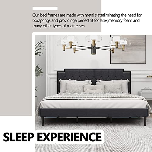 AGARTT Upholstered Platform Queen Size Bed Frame with Headboard Premium Stable Steel Slat Support No Box Spring Required Graphite