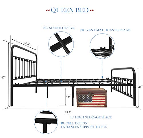YALAXON Vintage Sturdy Queen Size Metal Bed Frame with Headboard and Footboard 