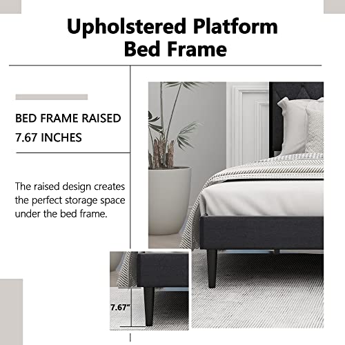 AGARTT Upholstered Platform Queen Size Bed Frame with Headboard Premium Stable Steel Slat Support No Box Spring Required Graphite