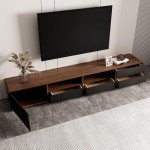 POVISON DONICY Modern Solid Wood TV Stand, Lowline Media Console with 4 Drawers, Open Storage Cabinet, Walnut Veneer, Fully-Assembled, 94"