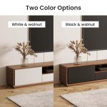 POVISON DONICY Modern Solid Wood TV Stand, Lowline Media Console with 4 Drawers, Open Storage Cabinet, Walnut Veneer, Fully-Assembled, 94"