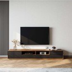 POVISON DONICY Modern Solid Wood TV Stand, Lowline Media Console with 4 Drawers, Open Storage Cabinet, Walnut Veneer, Fully-Assembled, 94"