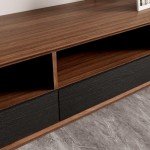 POVISON DONICY Modern Solid Wood TV Stand, Lowline Media Console with 4 Drawers, Open Storage Cabinet, Walnut Veneer, Fully-Assembled, 94"