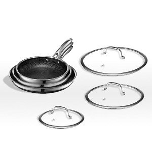 HexClad 6 Piece Hybrid Stainless Steel Cookware Pan Set 8", 10", 12" with Glass Lids, Stay Cool Handle, Non-Stick, Dishwasher, Oven Safe, Works on Induction, Ceramic and Gas Cooktops