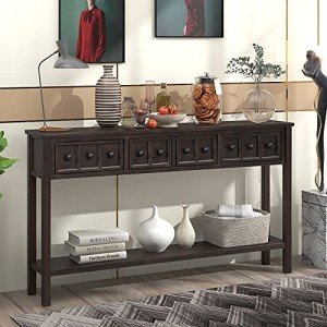 Merax Black Wood Narrow Console Table with Drawers and Bottom Shelf for Entryway Hallway Front Door, 1 Set