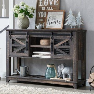 OKD Entryway Table w/Sliding Barn Doors, 46'' Farmhouse & Industrial Console Table with Storage, Rustic Sofa Table w/Adjustable Shelf & Open Shelf for Entry Way, Hallway, Living Room, Dark Rustic Oak