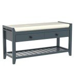 Merax Classic Wood Storage Entryway Hallway Front Door Shoe Bench with Drawers and Seat Cushion, 1 Set, Antique Navy