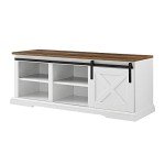 Walker Edison Rustic Farmhouse Sliding Barn Door Shoe Cabinet Storage Indoor Bench with 3 Shelves, 48 Inch, White/Rustic Oak