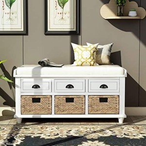 P PURLOVE Rustic Storage Bench Entryway Storage Bench with 3 Drawers and 3 Rattan Baskets Shoe Storage Bench with Removable Cushion for Living Room, Entryway