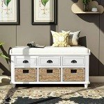 P PURLOVE Rustic Storage Bench Entryway Storage Bench with 3 Drawers and 3 Rattan Baskets Shoe Storage Bench with Removable Cushion for Living Room, Entryway