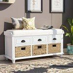 P PURLOVE Rustic Storage Bench Entryway Storage Bench with 3 Drawers and 3 Rattan Baskets Shoe Storage Bench with Removable Cushion for Living Room, Entryway