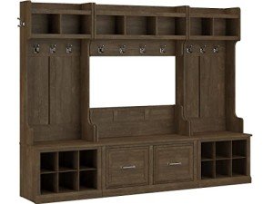 Bush Furniture Woodland Full Entryway Storage Set with Coat Rack and Shoe Bench with Doors, Traditional, Ash Brown