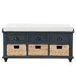 SOFTSEA Organizer Storage Bench Entryway Bench with 3 Drawers, 3 Rattan Baskets and Removable Cushion for Entryway, Hallway, Living Room, Home Collection Fully Assemble Storage Bench(Antique Navy)