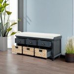 SOFTSEA Organizer Storage Bench Entryway Bench with 3 Drawers, 3 Rattan Baskets and Removable Cushion for Entryway, Hallway, Living Room, Home Collection Fully Assemble Storage Bench(Antique Navy)